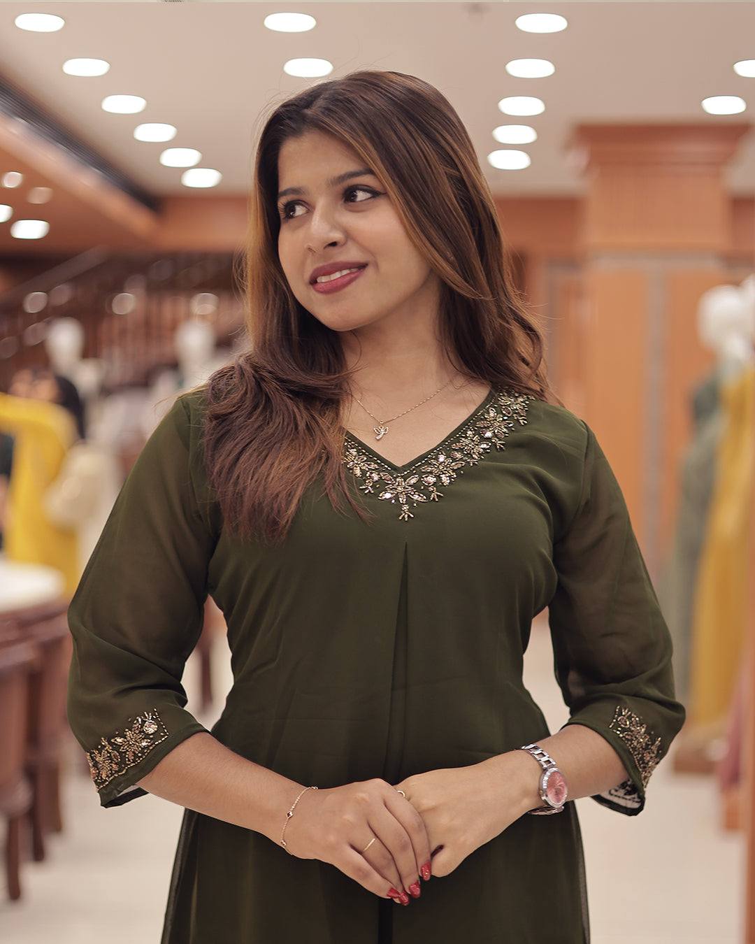 Women's Georgette A-Line Kurti with Handwork Embroidery & High-Low Hem-G374