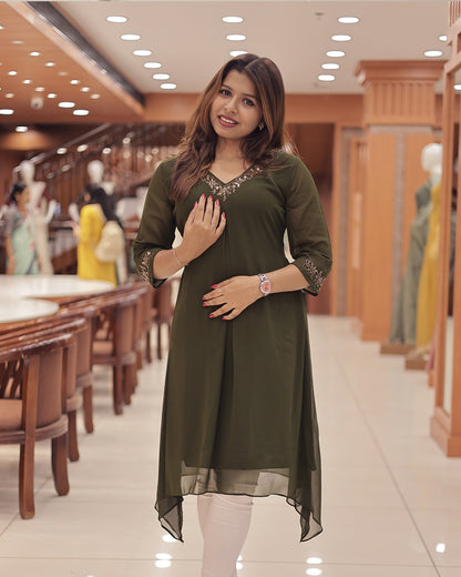 Women's Georgette A-Line Kurti with Handwork Embroidery & High-Low Hem-G374