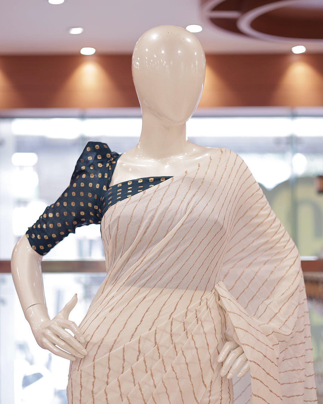 Womens  Cream Saree with contrast blouse-G358