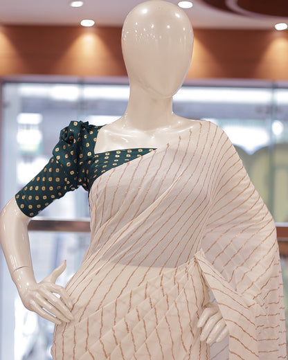 Womens  Cream Saree with contrast blouse-G358