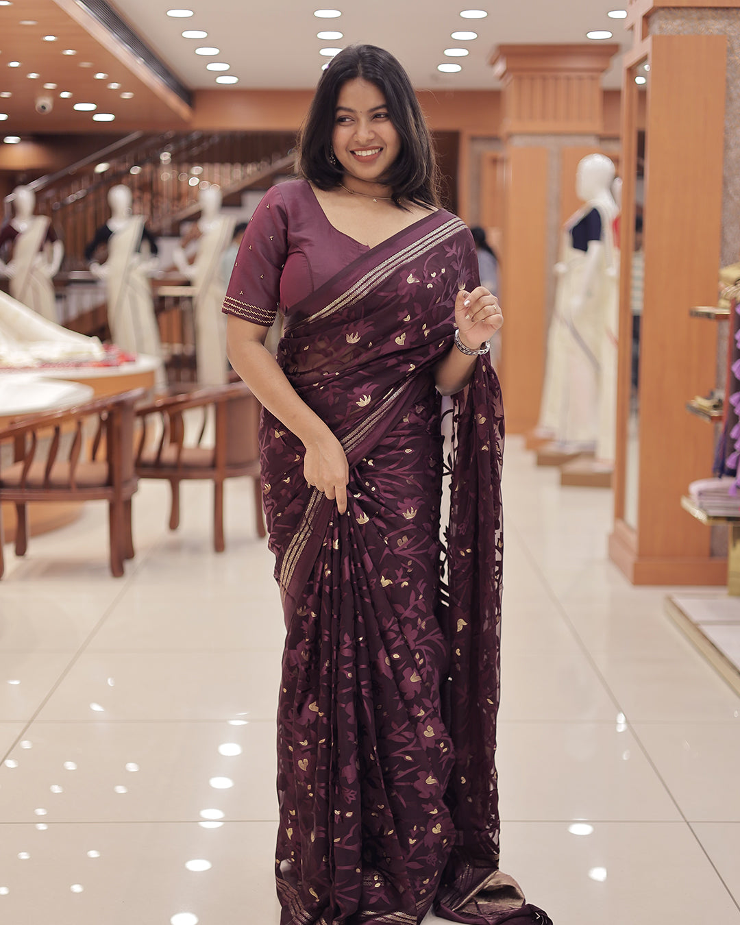Womens Brazzo Saree with Golden Foil Print -1473