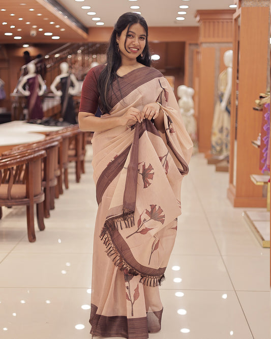 Women's Tissue Saree with Floral Digital Print & Tassel Border-G368