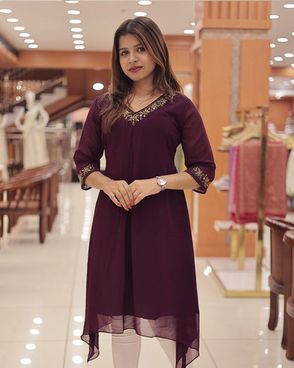 Women's Georgette A-Line Kurti with Handwork Embroidery & High-Low Hem-G374