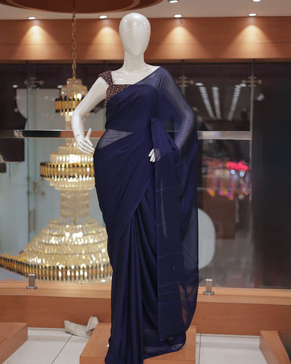 Diwali Special Blackberry Silk Plain Saree with Tone to tone Embroidery Blouse -D18