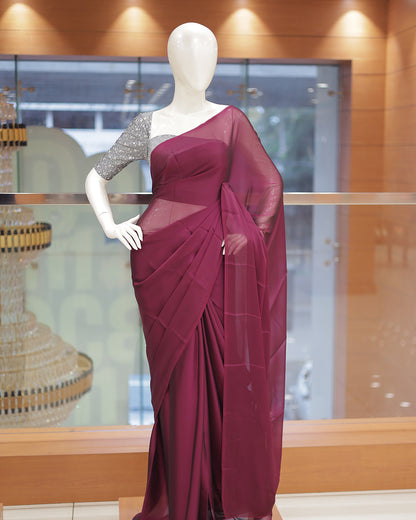 Diwali Special Blackberry Silk Plain Saree with Contrast Embroidery Blouse -D19