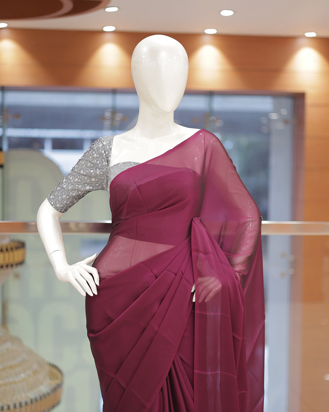 Diwali Special Blackberry Silk Plain Saree with Contrast Embroidery Blouse -D19