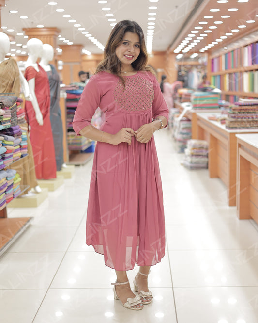 Faux Georgette Handwork Embroidered A-Line Kurti – R546