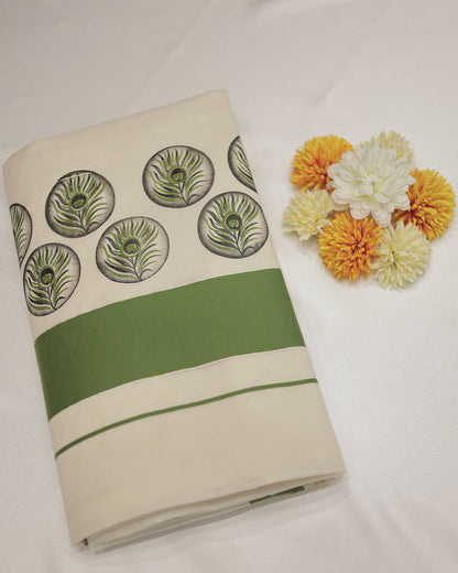Kerala Set Saree – Handpainted Peacock Leaf Mural-G311