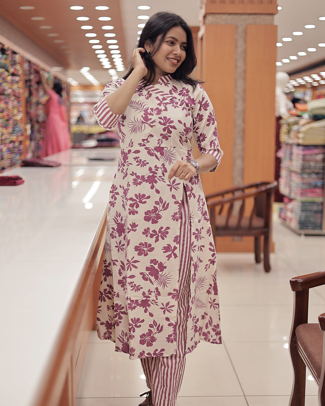 Elegant Floral Cotton Co-Ord Set with Wrap Style Top-G345