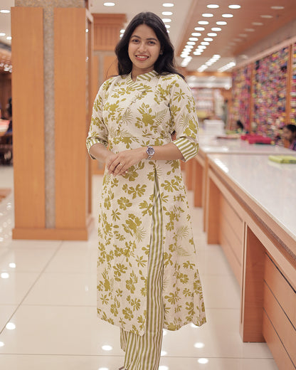 Elegant Floral Cotton Co-Ord Set with Wrap Style Top-G345