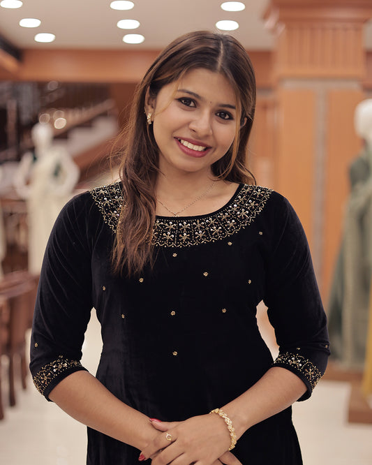 Women'sVelvet Slitted Kurthi with Handwork Embroidery -G377