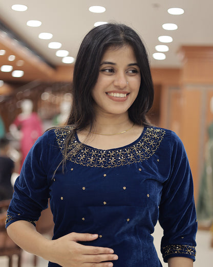 Women'sVelvet Slitted Kurthi with Handwork Embroidery -G377