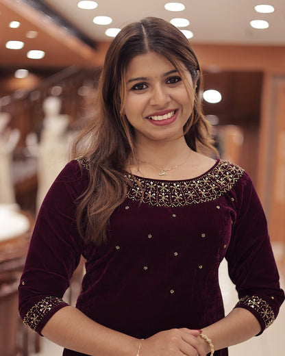Women'sVelvet Slitted Kurthi with Handwork Embroidery -G377