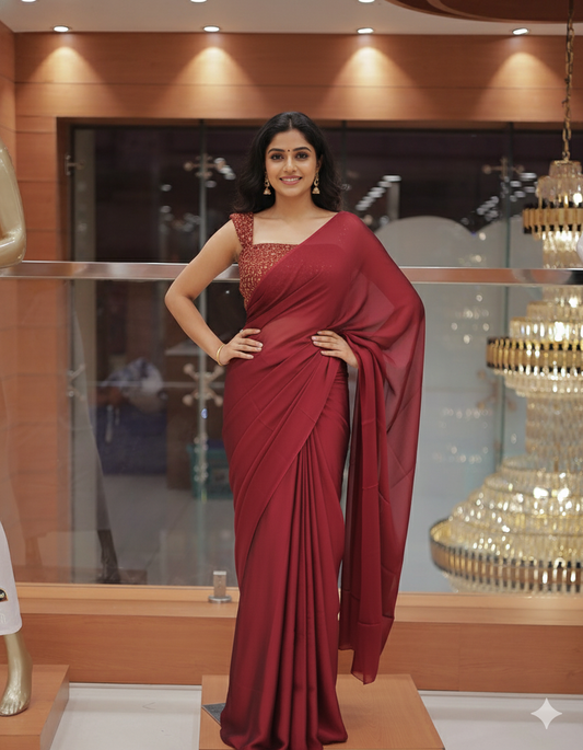 Diwali Special Blackberry Silk Plain Saree with Tone to tone Embroidery Blouse -D18