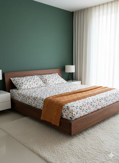 Family Cot Bedsheet  without Pillow Cover-  White Daisy Print