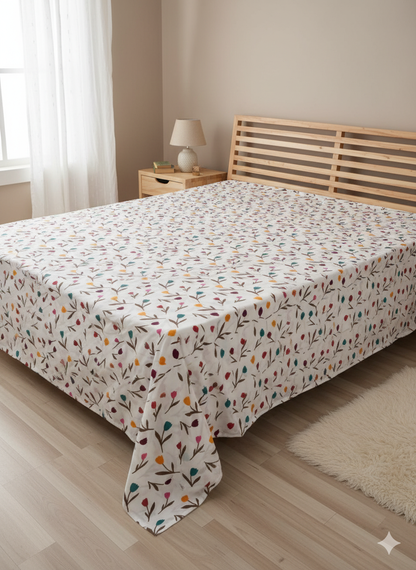 Family Cot Bedsheet  without Pillow Cover-  White Daisy Print