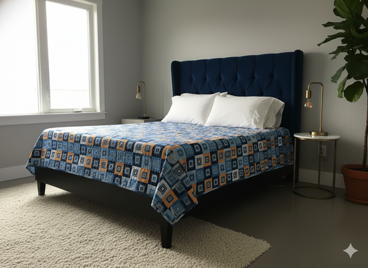 Family Cot Bedsheet – Blue Boxed Daisy Print