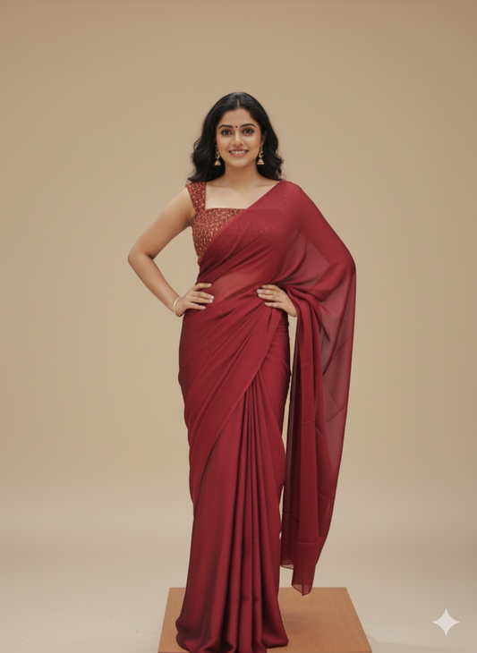 Blackberry Silk Plain Saree with Tone to tone Embroidery Blouse -D18