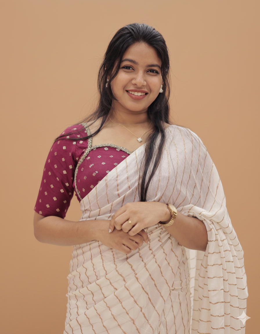 Womens  Cream Saree with contrast blouse-G358