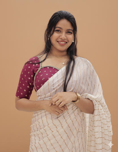 Womens  Cream Saree with contrast blouse-G358