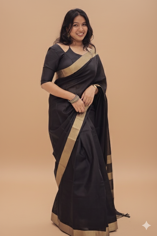 Elegant Black Semi Linen Saree with Golden Zari Border  -G365