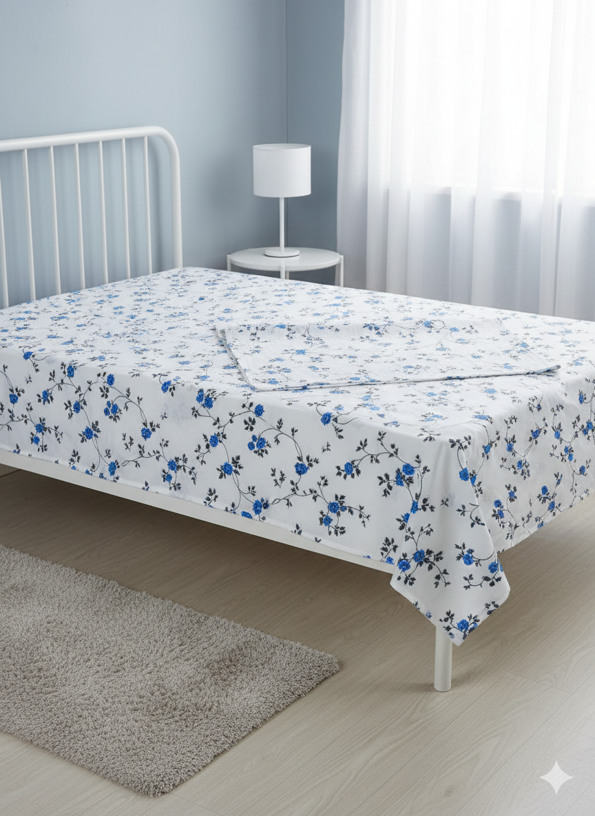 Family Cot Bedsheet  without Pillow Cover-  White Daisy Print