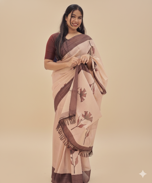 Women's Tissue Saree with Floral Digital Print & Tassel Border-G368