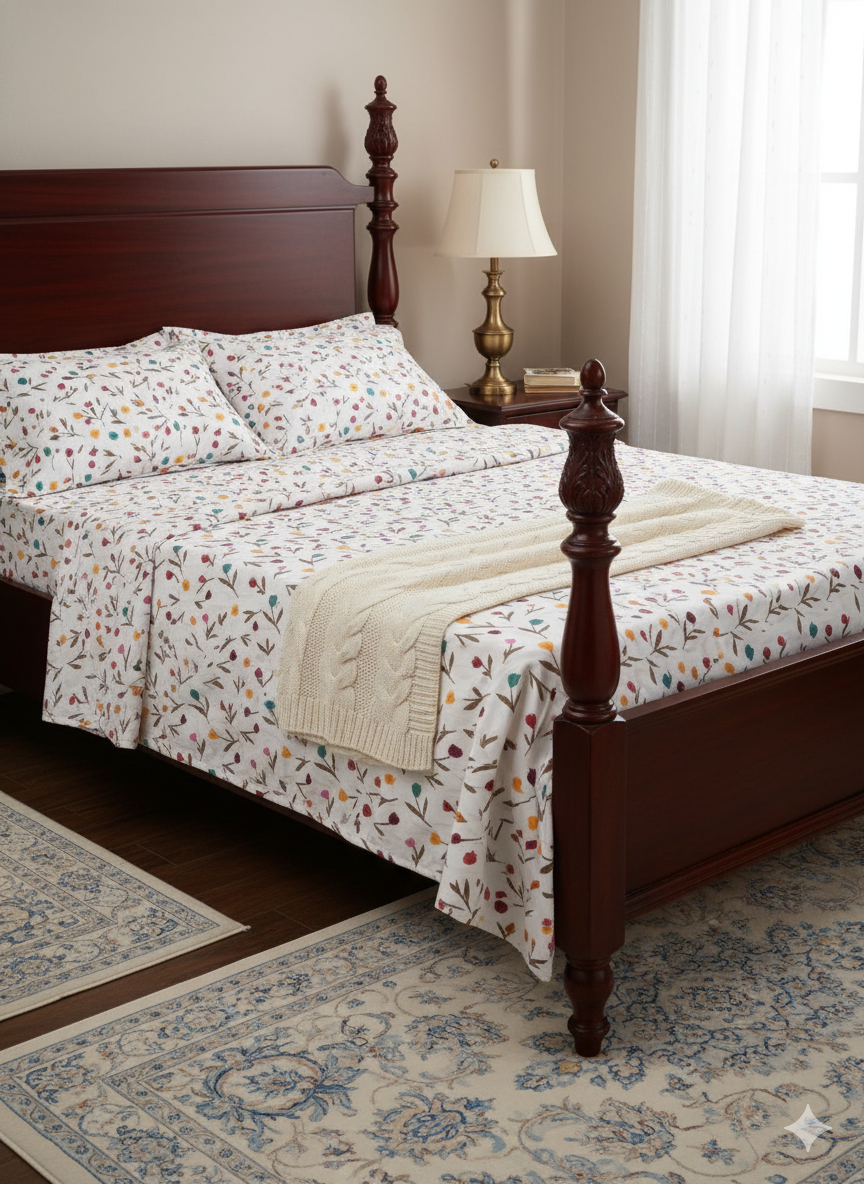 Family Cot Bedsheet  without Pillow Cover-  White Daisy Print