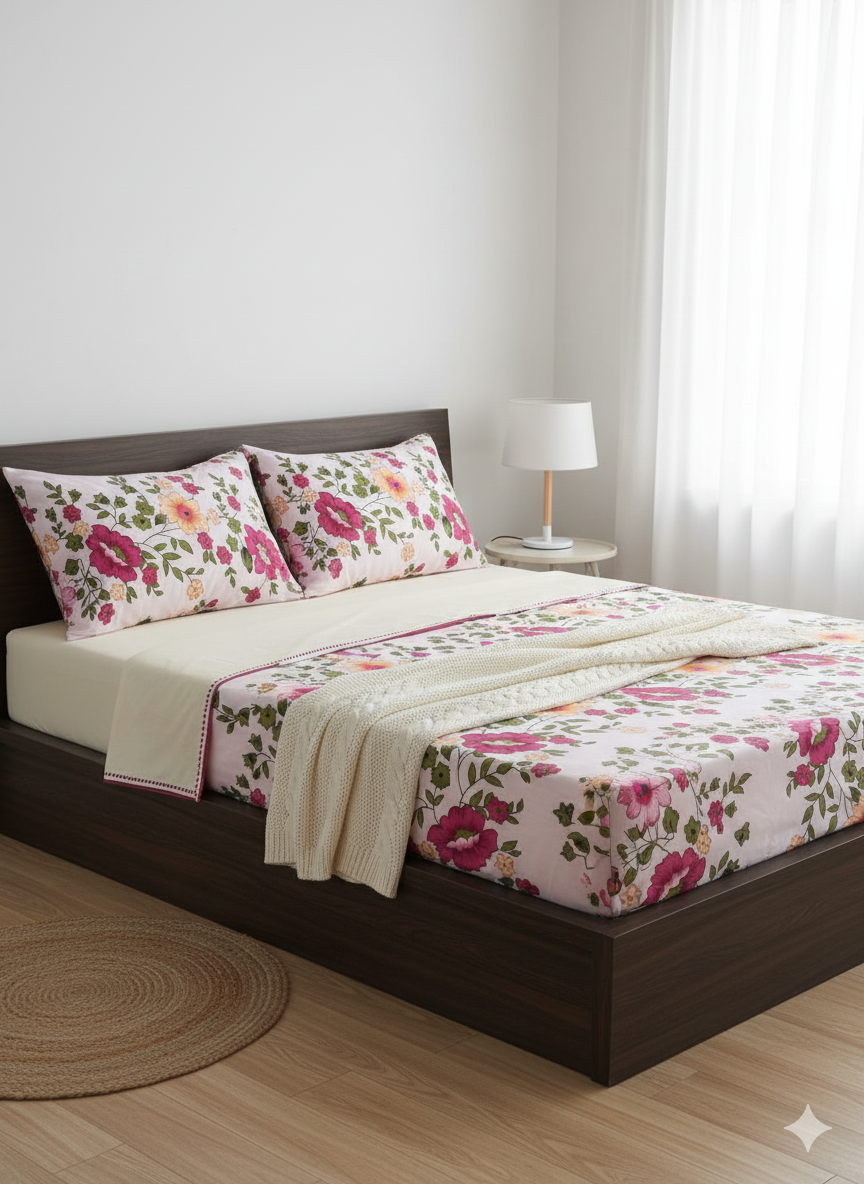 Family Cot Bedsheet  without Pillow Cover-  White Daisy Print