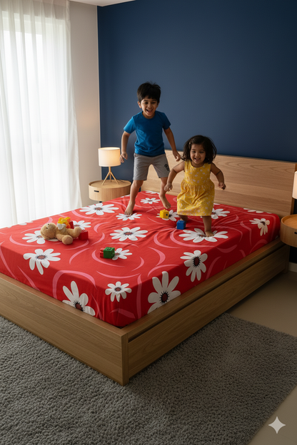 Family Cot Bedsheet – Red Daisy Print-T301