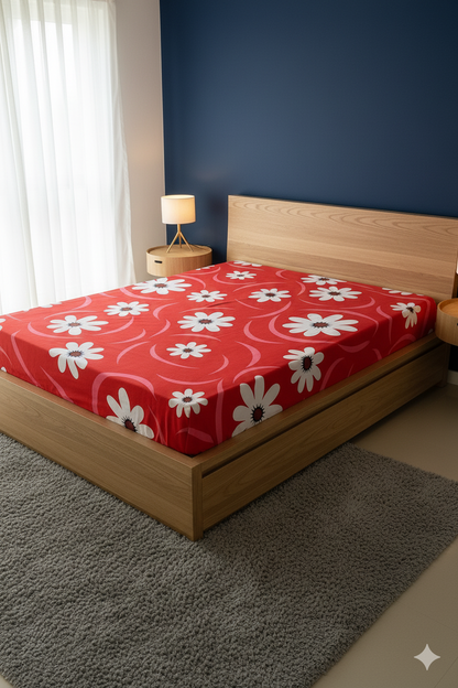 Family Cot Bedsheet – Red Daisy Print-T301
