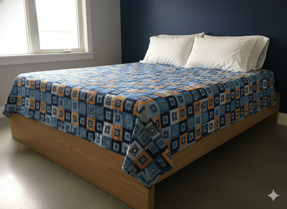 Family Cot Bedsheet – Blue Boxed Daisy Print