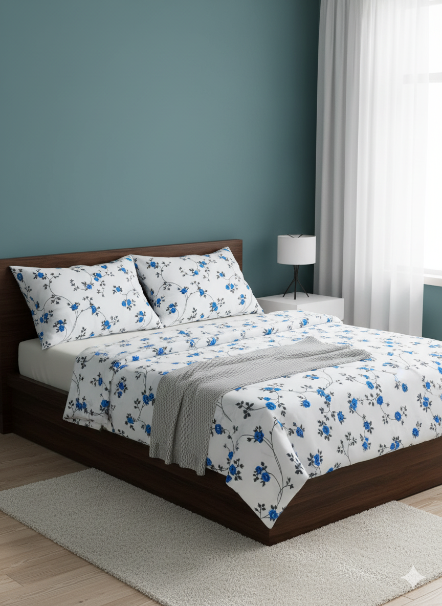 Family Cot Bedsheet  without Pillow Cover-  White Daisy Print