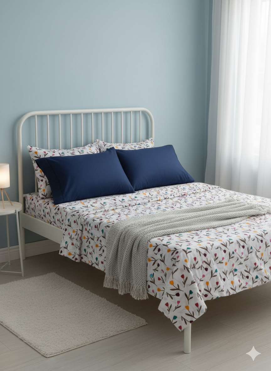 Family Cot Bedsheet  without Pillow Cover-  White Daisy Print