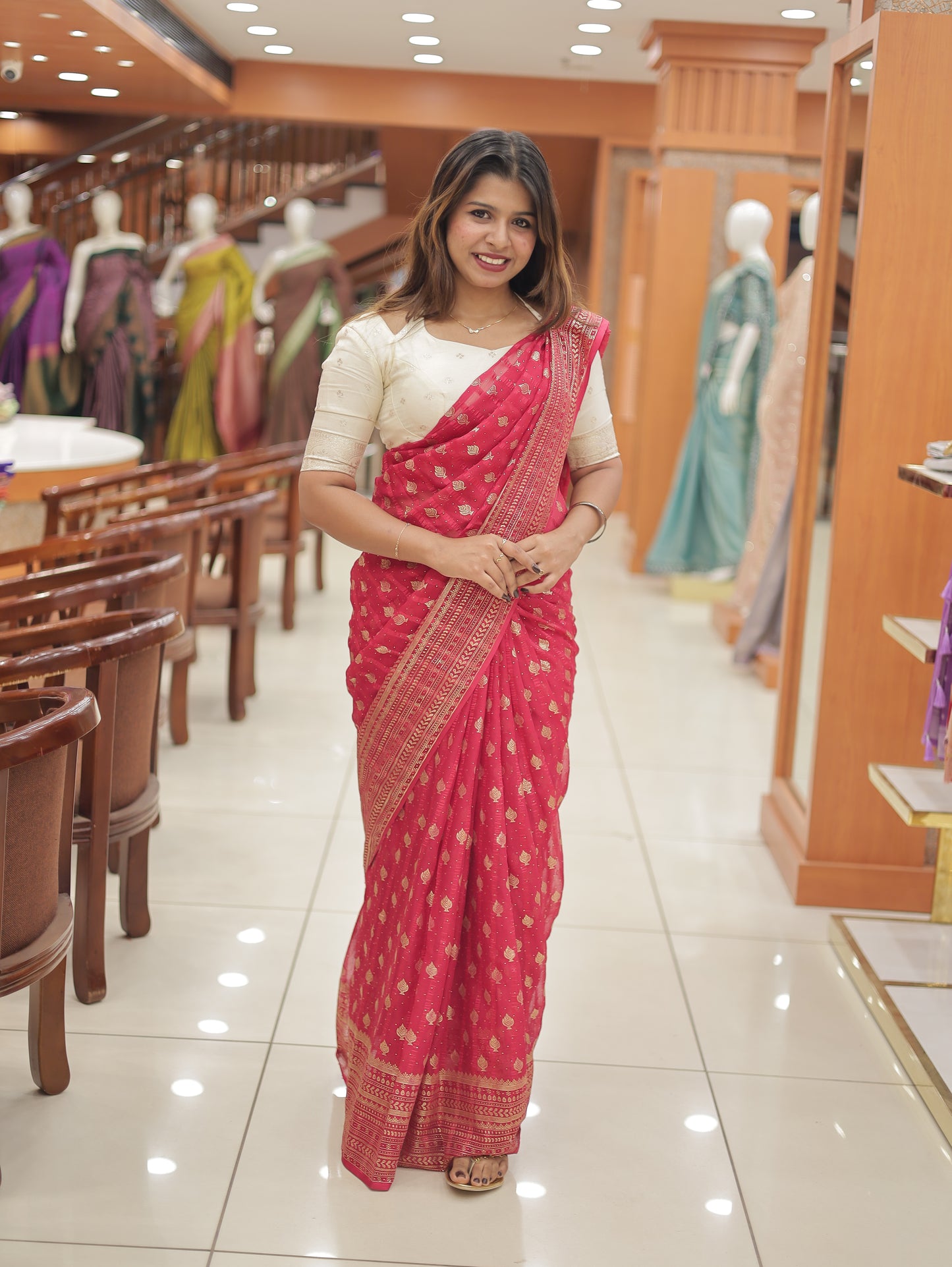 Semi Georgette Foil Print Brocade Design Saree – R614