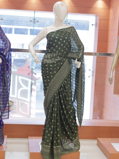 Semi Georgette Foil Print Brocade Design Saree – R614