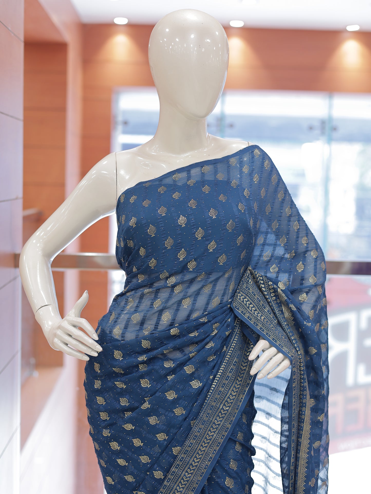 Semi Georgette Foil Print Brocade Design Saree – R614