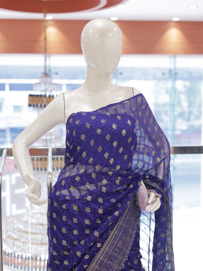 Semi Georgette Foil Print Brocade Design Saree – R614