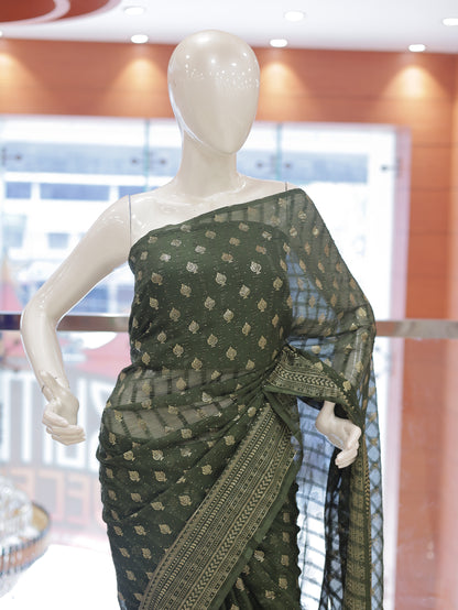 Semi Georgette Foil Print Brocade Design Saree – R614