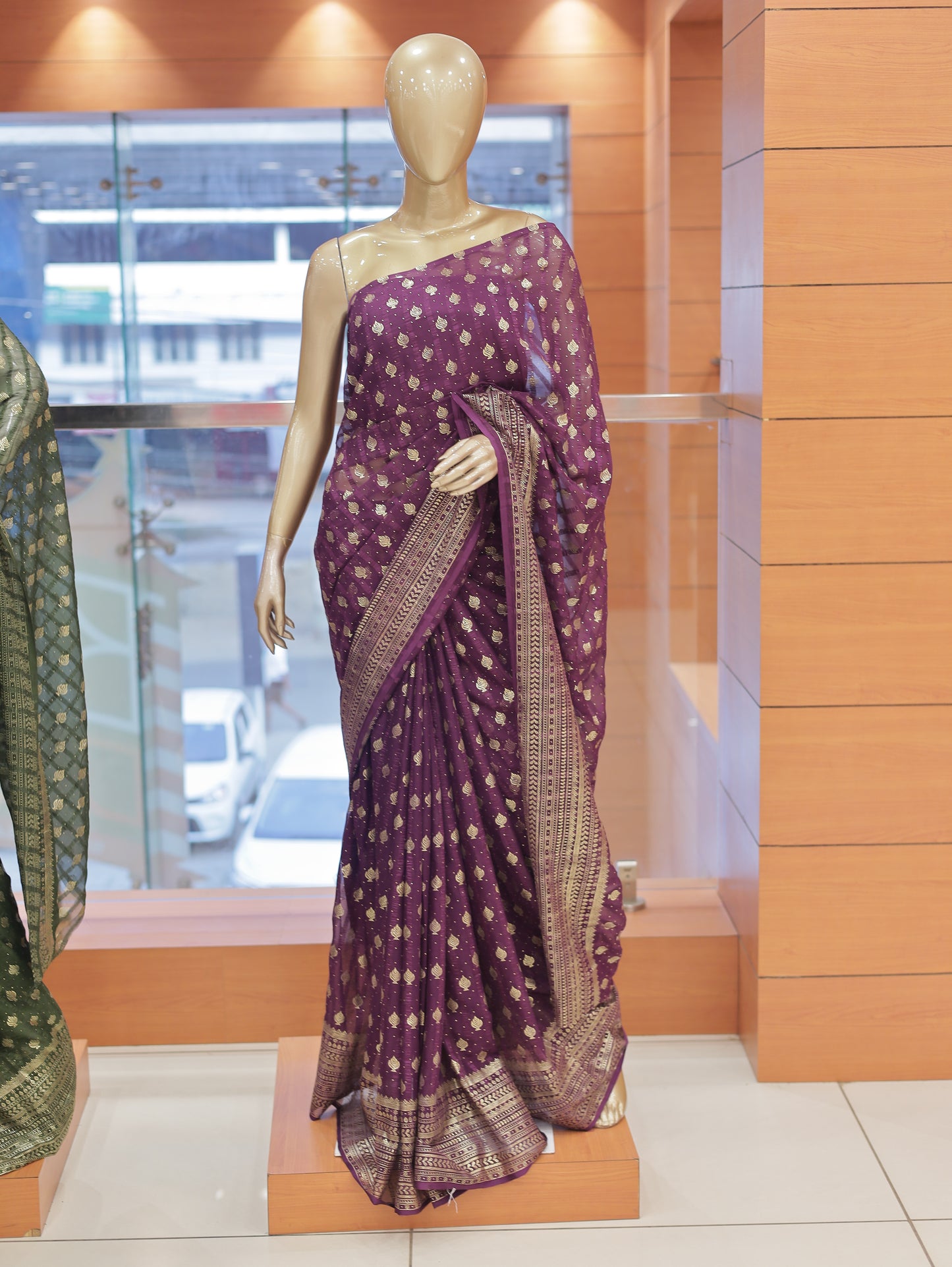 Semi Georgette Foil Print Brocade Design Saree – R614