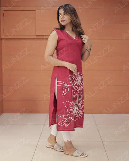 Side Slit Kurti – Floral Embroidery Vertical Fabric – R509