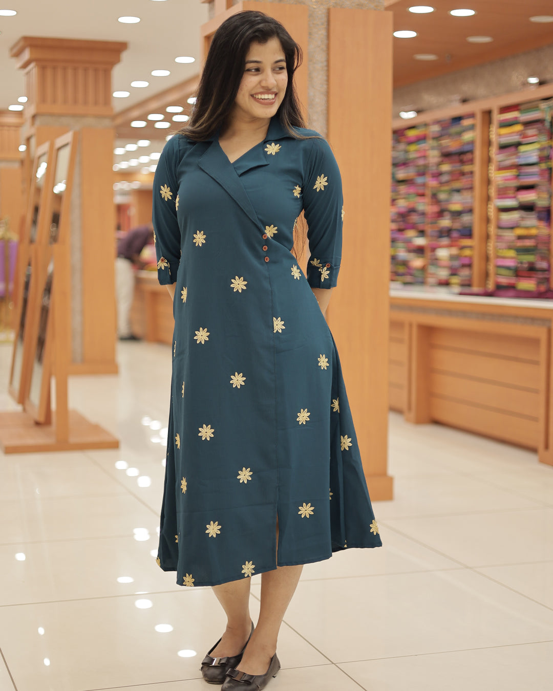 Women’s Wrap Style A-Line Kurthi with Floral Embroidery -G329