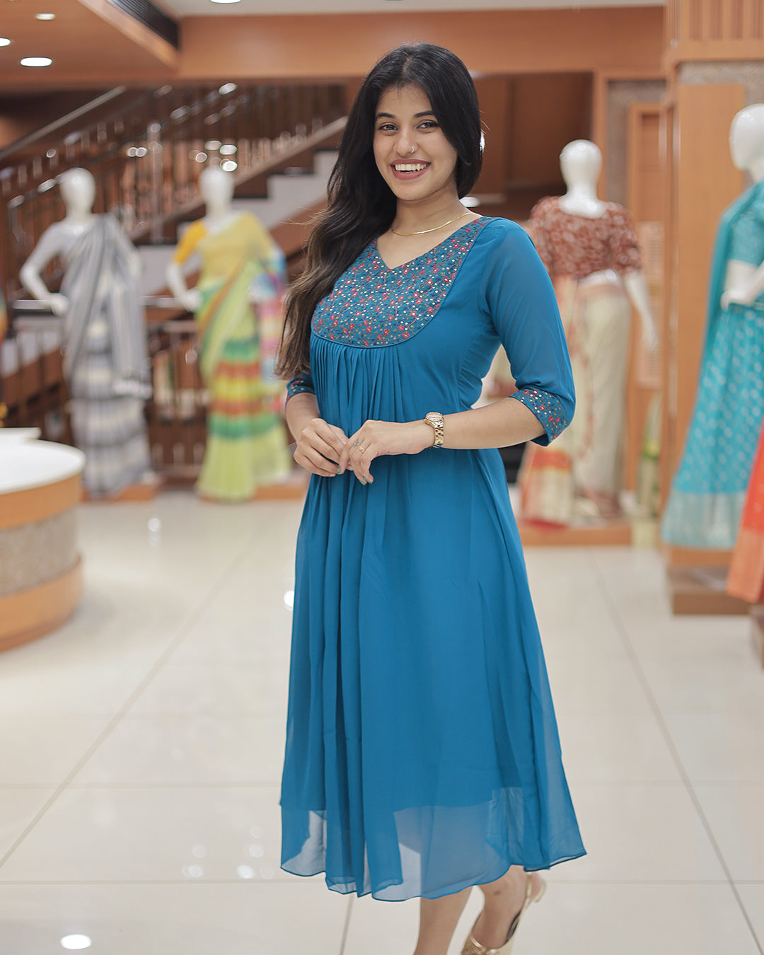 Women's Georgette A-Line Kurti with Knife Pleats - R221