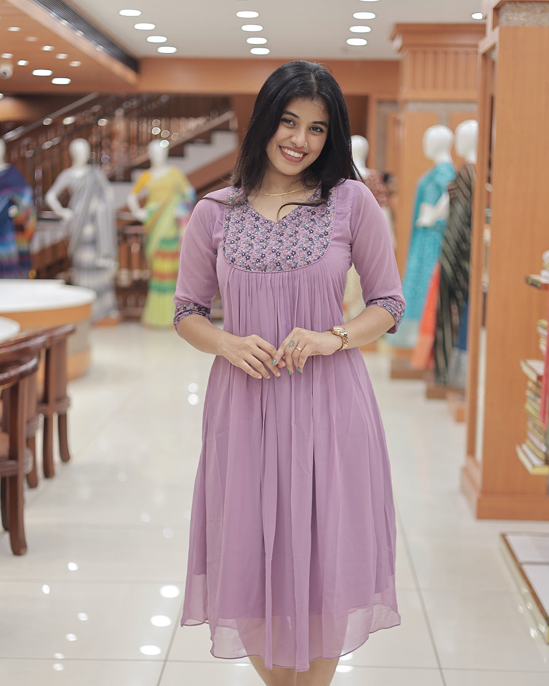 Women's Georgette A-Line Kurti with Knife Pleats - R221