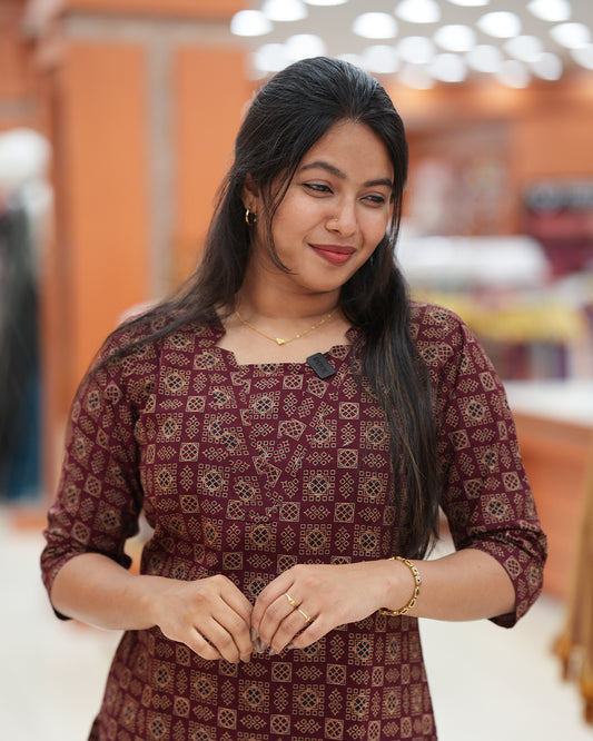 Women's Slitted Ajrak printed Kurti -R264
