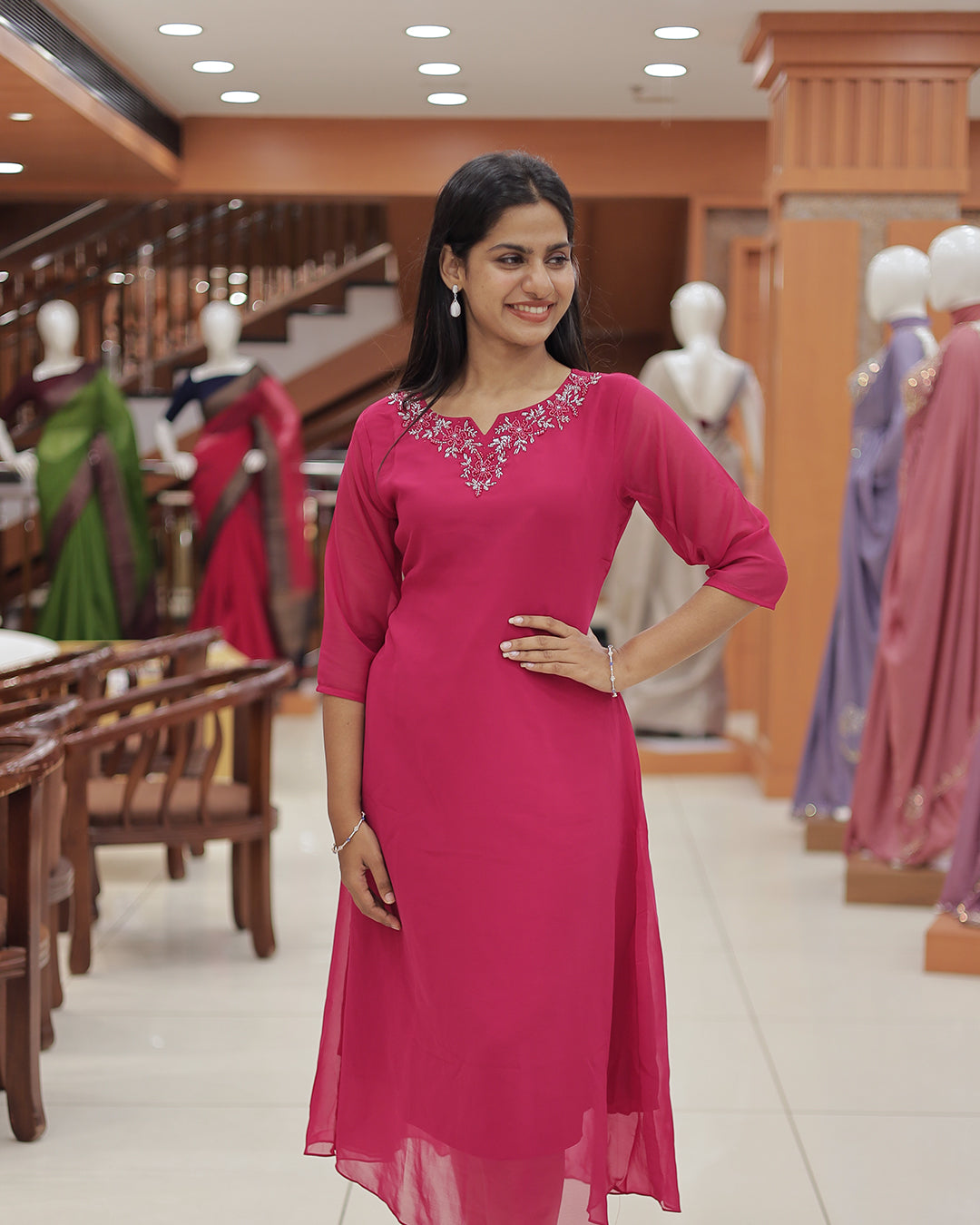 Women's A-line Georgette Kurti with handwork - R404