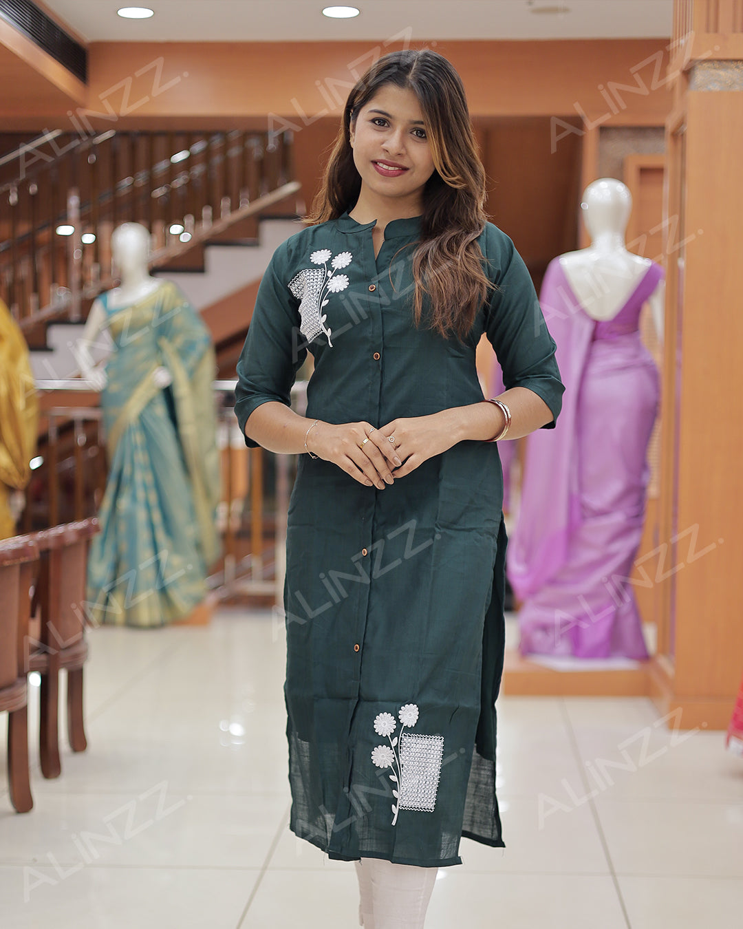 Women’s A-Line Kurti with Floral Embroidery -R454