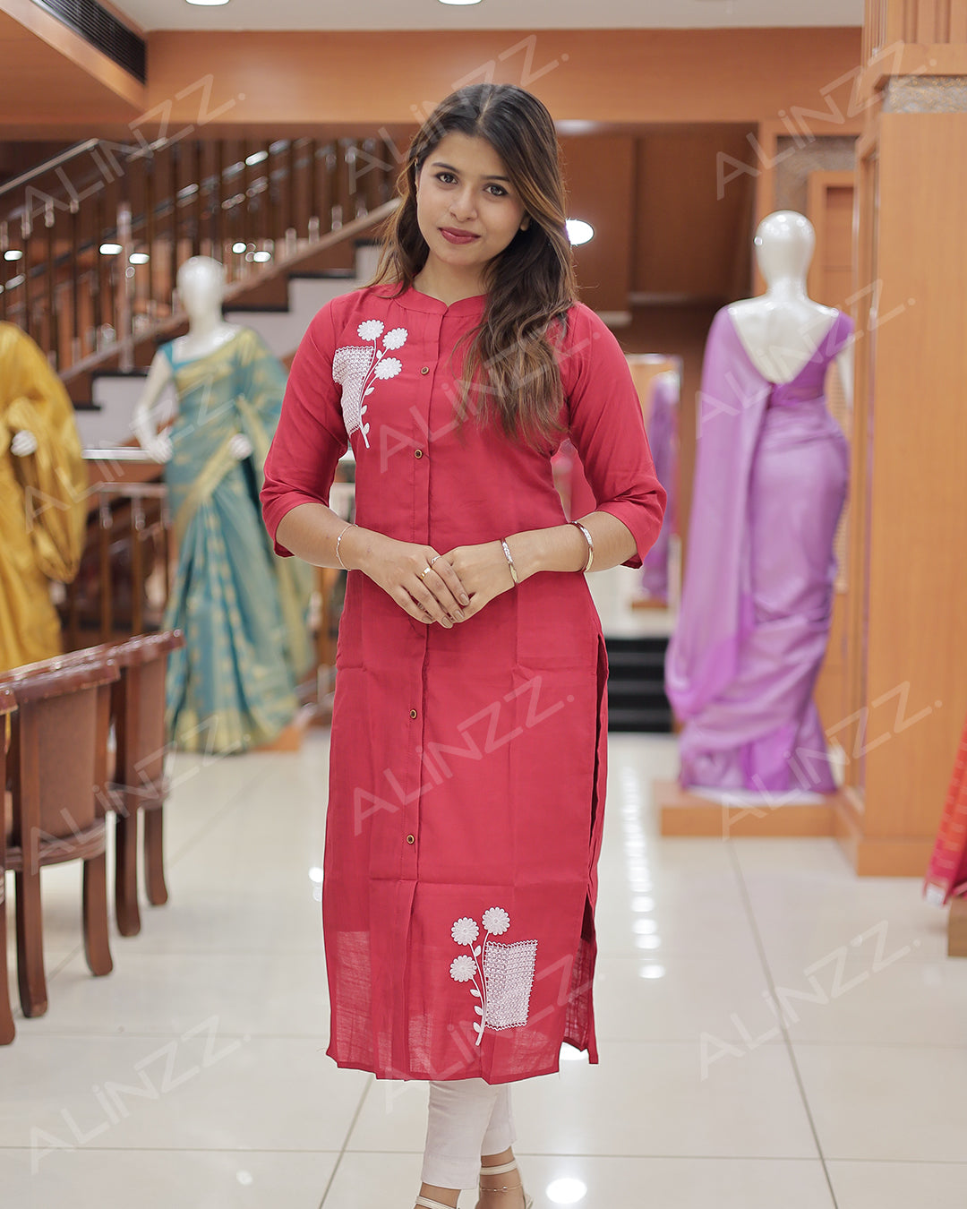 Women’s A-Line Kurti with Floral Embroidery -R454