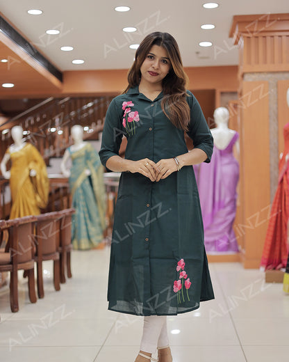 Women's A-Line Kurti with Floral Embroidery-R455