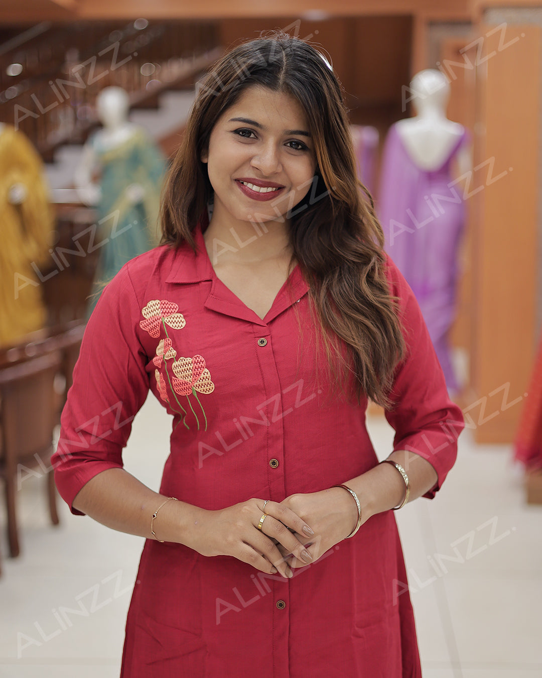 Women's A-Line Kurti with Floral Embroidery-R455